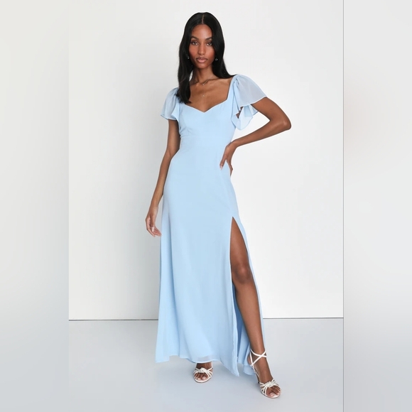 Lulus Simply Delightful Light Blue Tie-Back Flutter Sleeve Maxi M Wedding Party - Picture 2 of 10